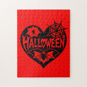 Halloween Heart, Black Heart Shape, Spider Web Jigsaw Puzzle
