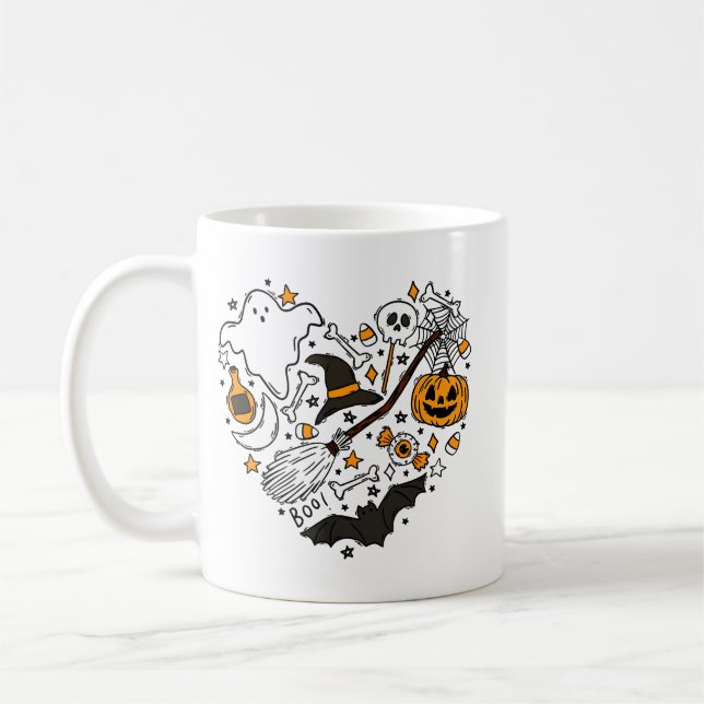 Halloween Heart | Cute Ghosts, Pumpkins & Candy Coffee Mug (Left)