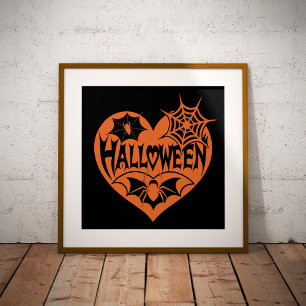 Halloween Heart, Orange Heart Shape, Spider Web Foil Prints
