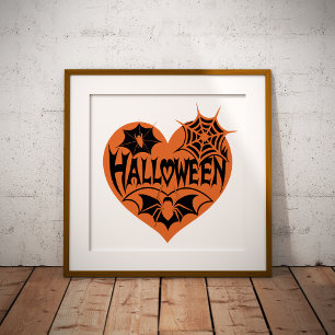 Halloween Heart, Orange Heart Shape, Spider Web Foil Prints