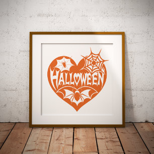 Halloween Heart, Orange Heart Shape, Spider Web Foil Prints