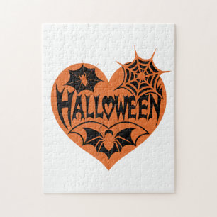 Halloween Heart, Orange Heart Shape, Spider Web Jigsaw Puzzle