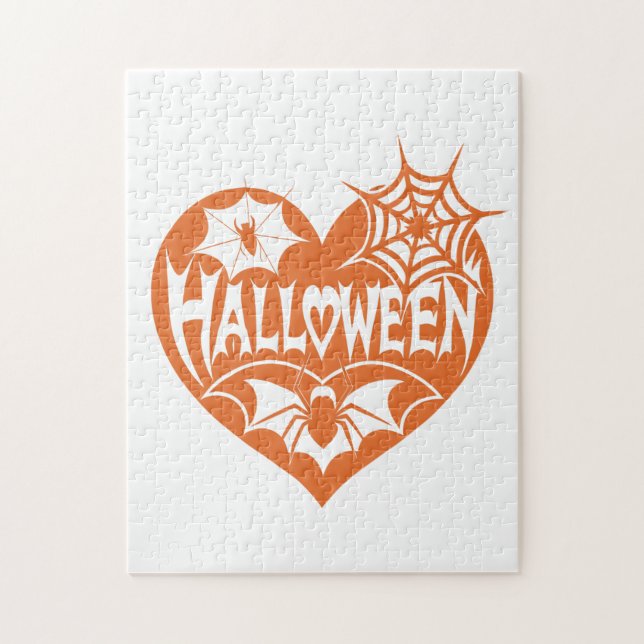 Halloween Heart, Orange Heart Shape, Spider Web Jigsaw Puzzle (Vertical)
