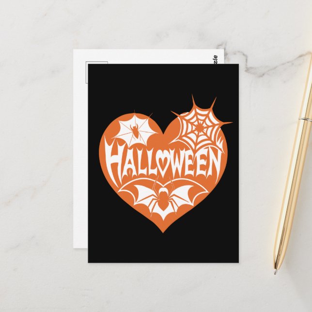 Halloween Heart, Orange Heart Shape, Spider Web Postcard (Front/Back In Situ)