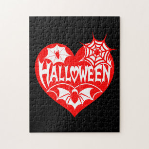 Halloween Heart, Red Heart Shape, Spider Web Jigsaw Puzzle