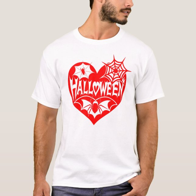 Halloween Heart, Red Heart Shape, Spider Web T-Shirt (Front)