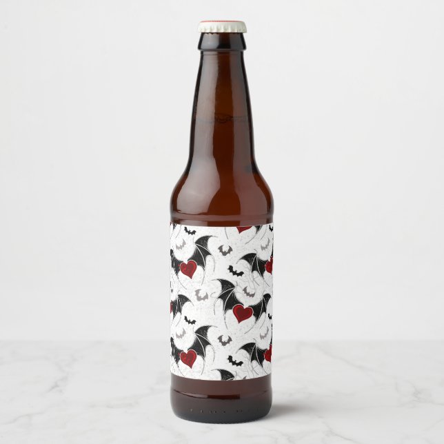 Halloween heart with black bat wings beer bottle label (Front)