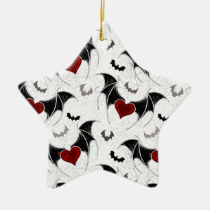 Halloween heart with black bat wings ceramic ornament