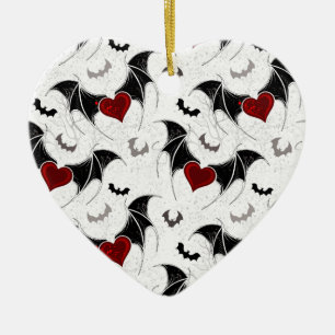 Halloween heart with black bat wings ceramic ornament