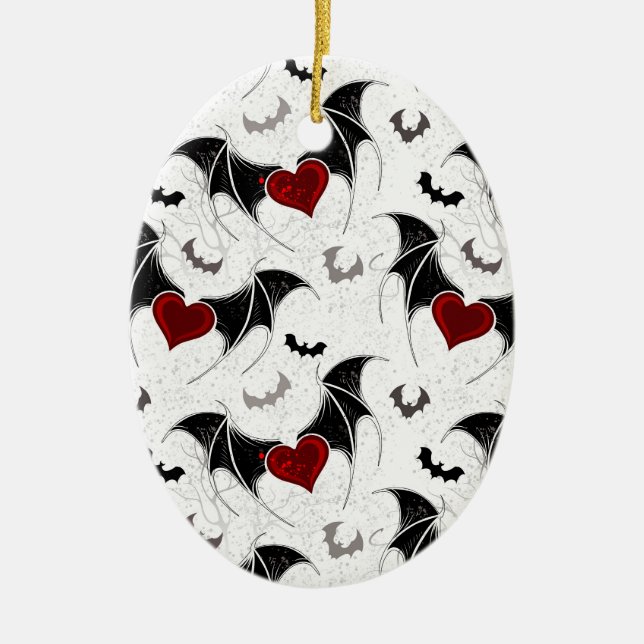 Halloween heart with black bat wings ceramic ornament (Front)