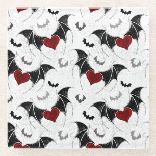 Halloween heart with black bat wings glass coaster