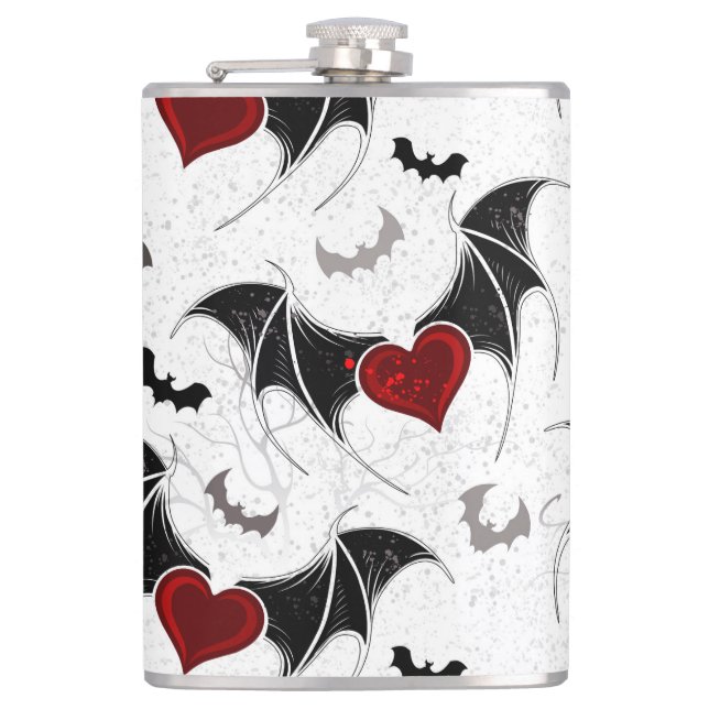 Halloween heart with black bat wings hip flask (Front)
