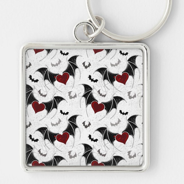 Halloween heart with black bat wings key ring (Front)