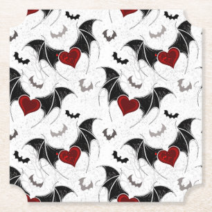 Halloween heart with black bat wings paper coaster