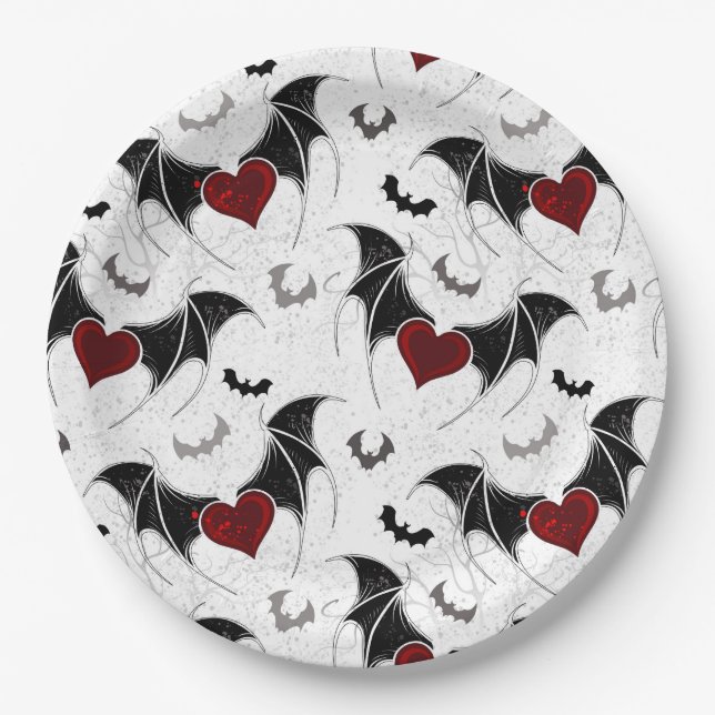 Halloween heart with black bat wings paper plate (Front)