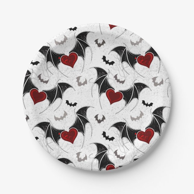 Halloween heart with black bat wings paper plate (Front)