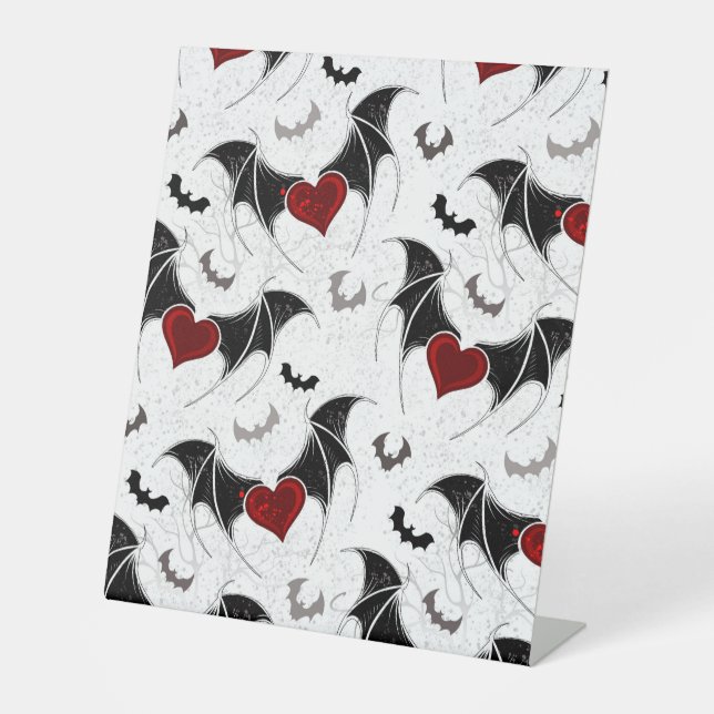 Halloween heart with black bat wings pedestal sign (Front)