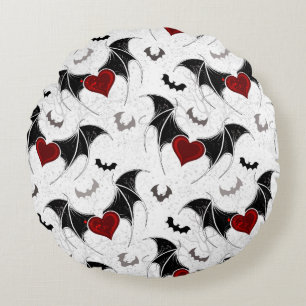 Halloween heart with black bat wings round cushion