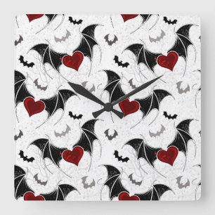 Halloween heart with black bat wings square wall clock