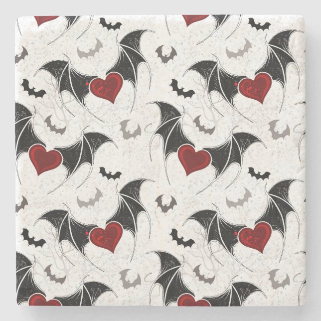 Halloween heart with black bat wings stone coaster (Front)
