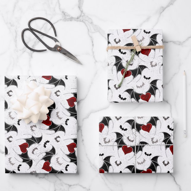 Halloween heart with black bat wings wrapping paper sheet (Front)