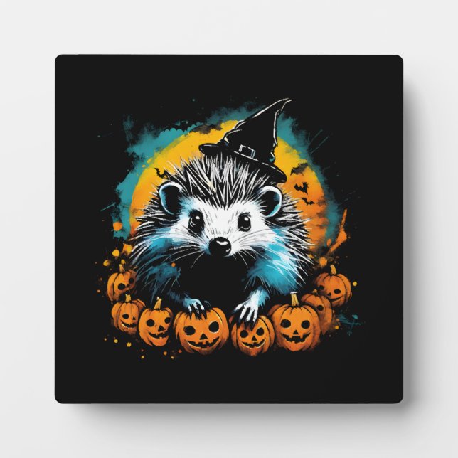 Halloween Hedgehog and pumpkins cute Plaque (Front)