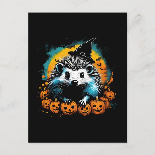 Halloween Hedgehog and pumpkins cute Postcard (Front)