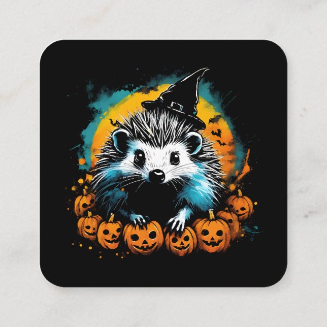 Halloween Hedgehog and pumpkins cute Square Business Card (Back)