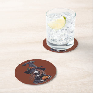 Halloween-Hexe mit Kürbis - Round Paper Coaster