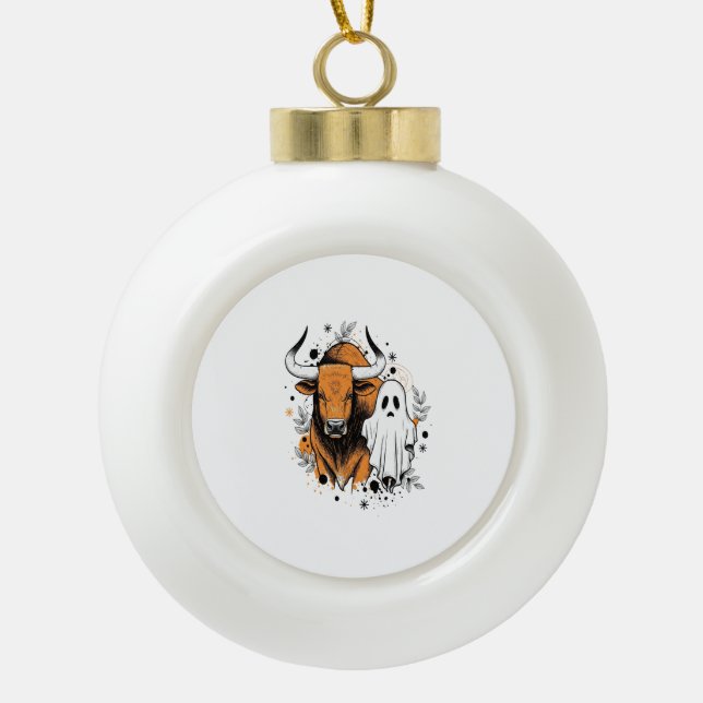 Halloween Highland Cow Cute Fall Ceramic Ball Christmas Ornament (Front)