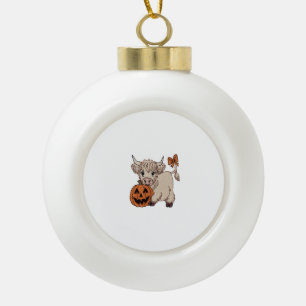 Halloween Highland Cow Pumpkin Ceramic Ball Christmas Ornament