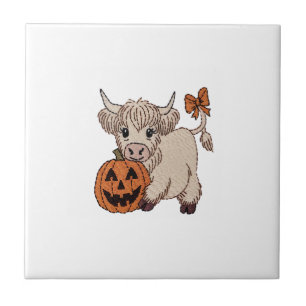 Halloween Highland Cow Pumpkin Ceramic Tile