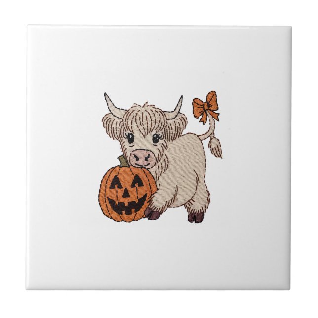 Halloween Highland Cow Pumpkin Ceramic Tile (Front)