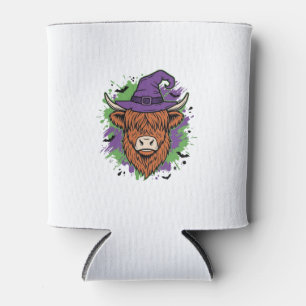Halloween Highland Cow Witch Hat Vintage Vector_1 Can Cooler