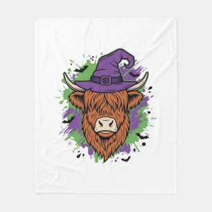 Halloween Highland Cow Witch Hat Vintage Vector_1 Fleece Blanket