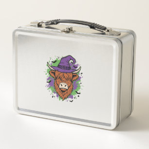 Halloween Highland Cow Witch Hat Vintage Vector_1 Metal Lunch Box