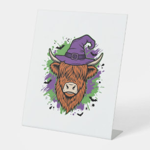 Halloween Highland Cow Witch Hat Vintage Vector_1 Pedestal Sign