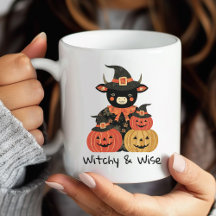 Halloween Highland Cow Witch & Pumpkins Mug
