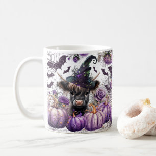 Halloween Highland Cow Witch Purple Pumpkins Coffee Mug