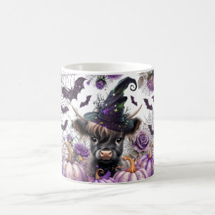 Halloween Highland Cow Witch Purple Pumpkins Coffee Mug