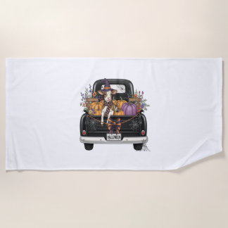 Halloween Highland Cow with Truck Beach Towel