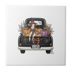 Halloween Highland Cow with Truck Ceramic Tile