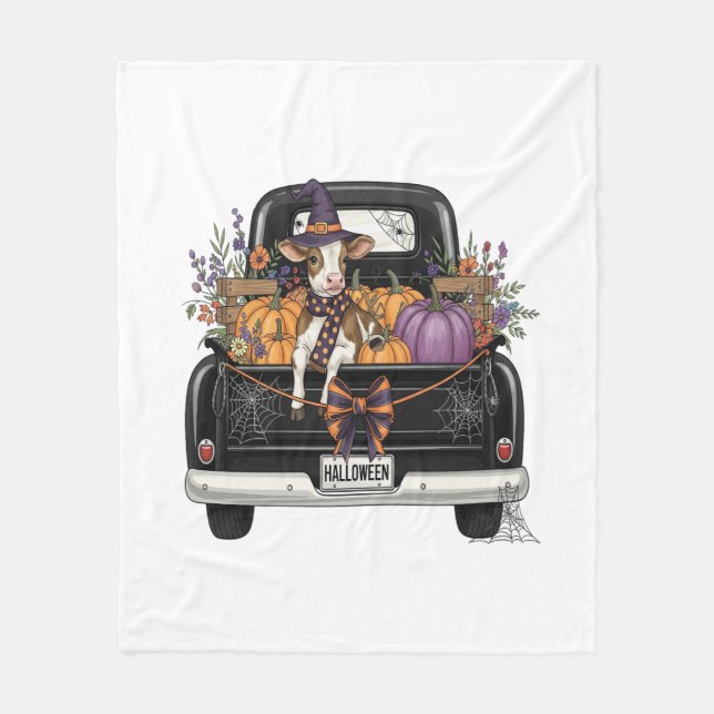 Halloween Highland Cow with Truck Fleece Blanket (Front)
