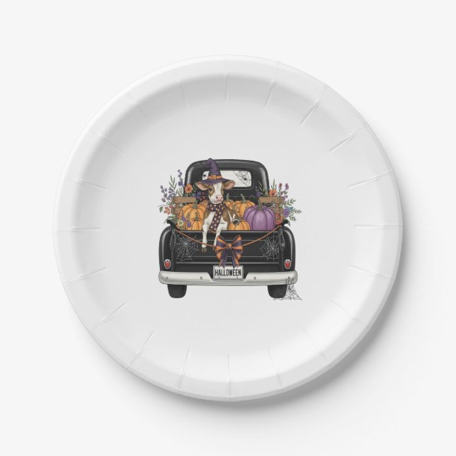 Halloween Highland Cow with Truck Paper Plate (Front)