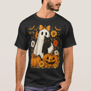 Halloween Holding Black Cat Groovy Floral T-Shirt