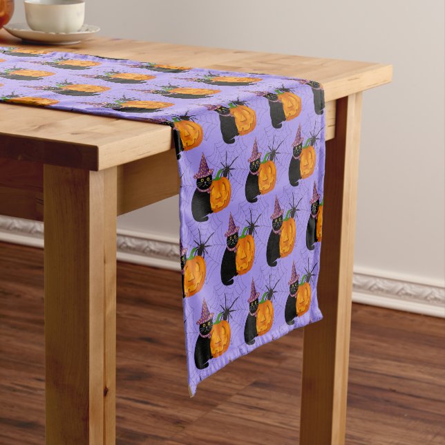 Halloween Home Black Cat Pumpkin Spider on Purple  Short Table Runner (In Situ)