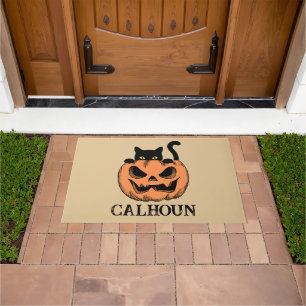 Halloween Home Pumpkin and Black Cat Personalised Doormat