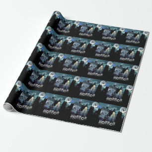 Halloween Horror haunted House Scary Blue Night Wrapping Paper