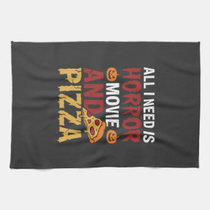 Halloween Horror Movie and Pizza Typography Tea Towel