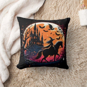 Halloween horse ride under a spooky moonlight cushion